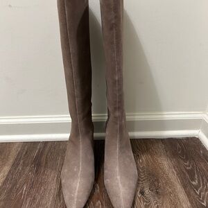 Skinny Heel Taupe Neutral Tall Knee High Suede Boots